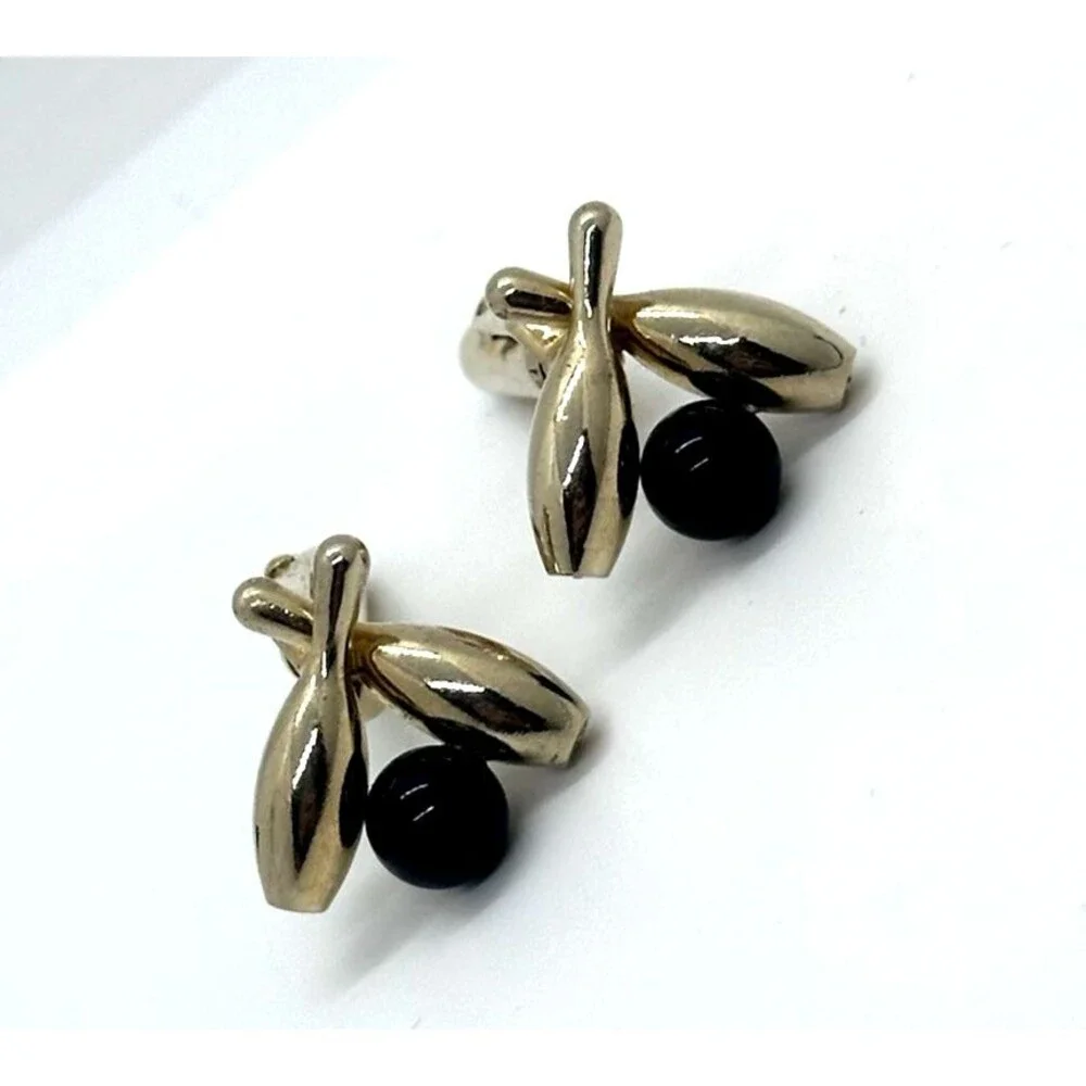 Vintage Bowling Cuff Links GOLD TONE Pins Black Ball 1960's Anson